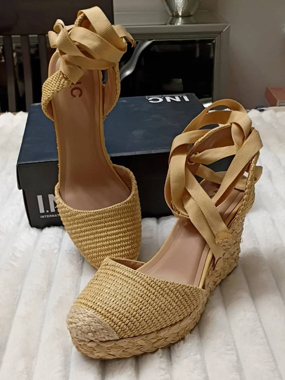 INC International Concepts Tan Woven Espadrille Wedge Sandals with Ankle Ribbon